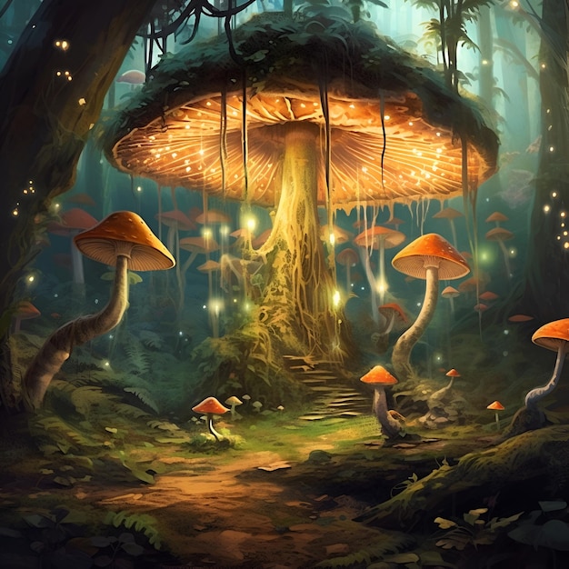 A mushroom in the forest with a light on it