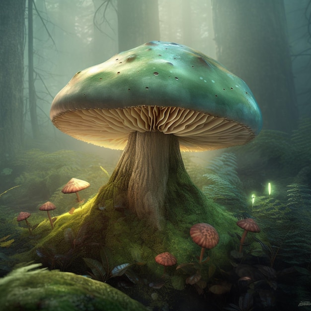 A mushroom in the forest with the light shining on it.