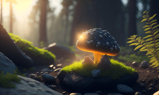 A mushroom in a forest with the sun shining on it