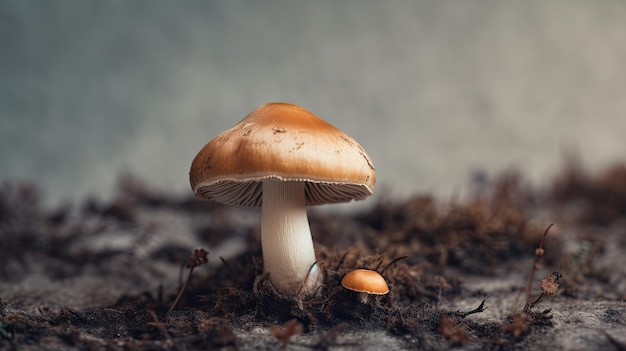 A mushroom in the grass with a gray background