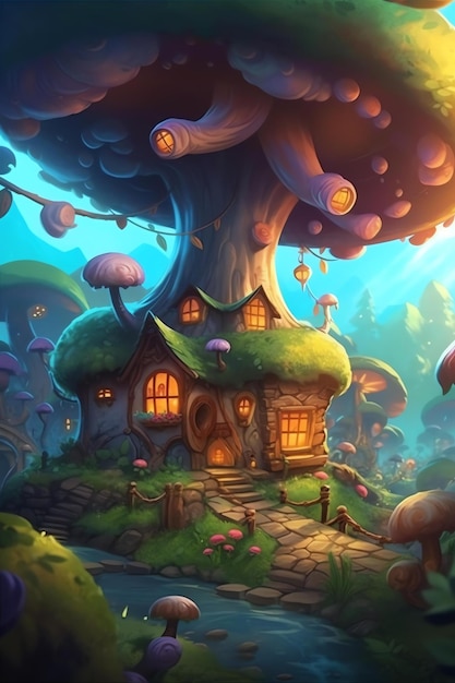 A mushroom house in the forest.