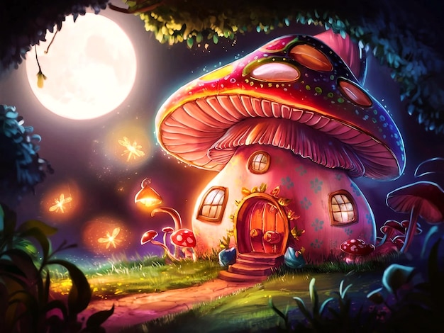 a mushroom house with a full moon in the background