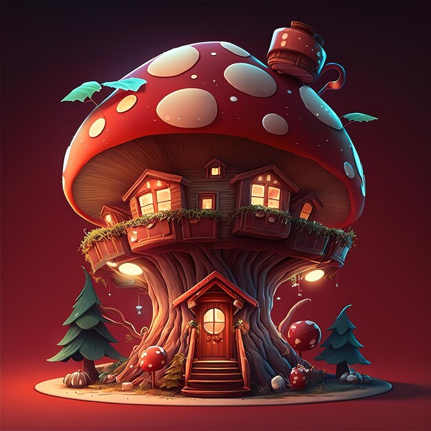 A mushroom house with a house on it