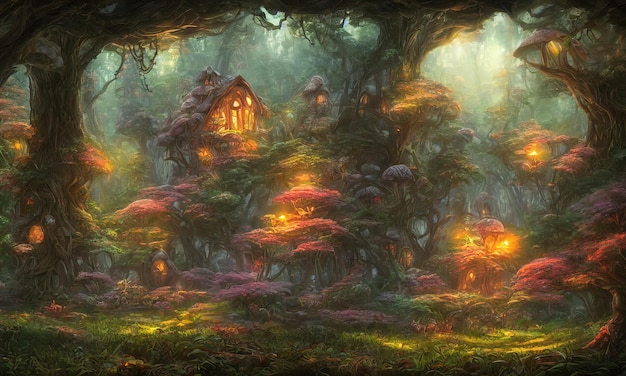 Mushroom houses a fabulous magical forest village of fairies Mushroom trees light in the windows Fabulous 3d illustration