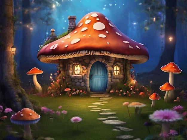 A mushroom hut in a fairytale mystical forest on a lawn among flowers