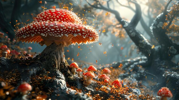 a mushroom is burning in a forest with other mushrooms