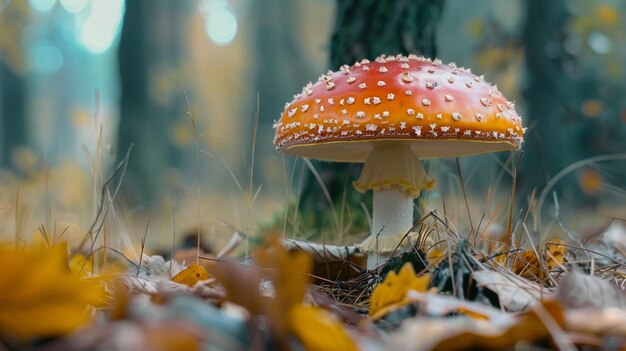 a mushroom is on the ground in the forest