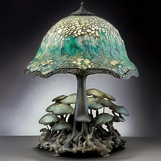 A mushroom lamp with a blue and green lamp shade.