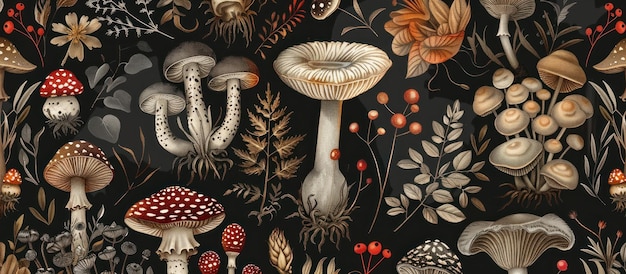 Mushroom and Leaves Seamless Pattern