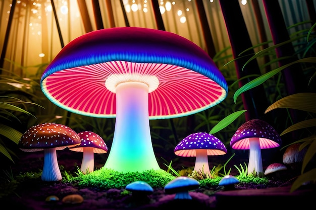 A mushroom light that is lit up with a purple light.