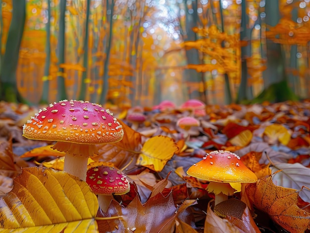 Mushroom Magic Wonder Autumn Leaves Colorful mushrooms sprouting among fallen leaves in an autumn forest ar 43 style raw stylize 250 Job ID 2926097d34684f4b85ea695611357a0a