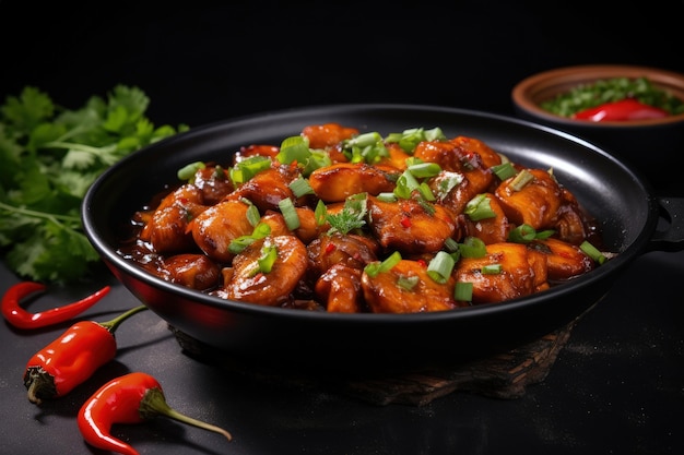 Mushroom Manchurian dried in black bowl dark background indo chinese dish with fried mushrooms peppe