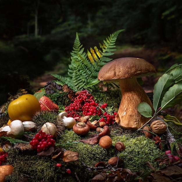 a mushroom and other edible objects are on a patch of moss