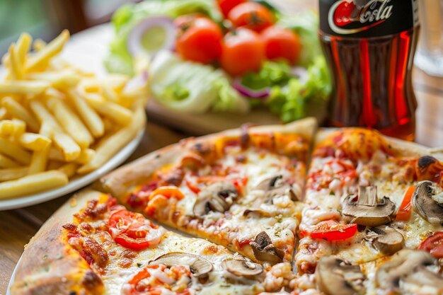 Photo mushroom pizza with vegetable salad and cola can