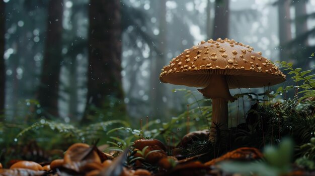 a mushroom in the rain with a tree in the background