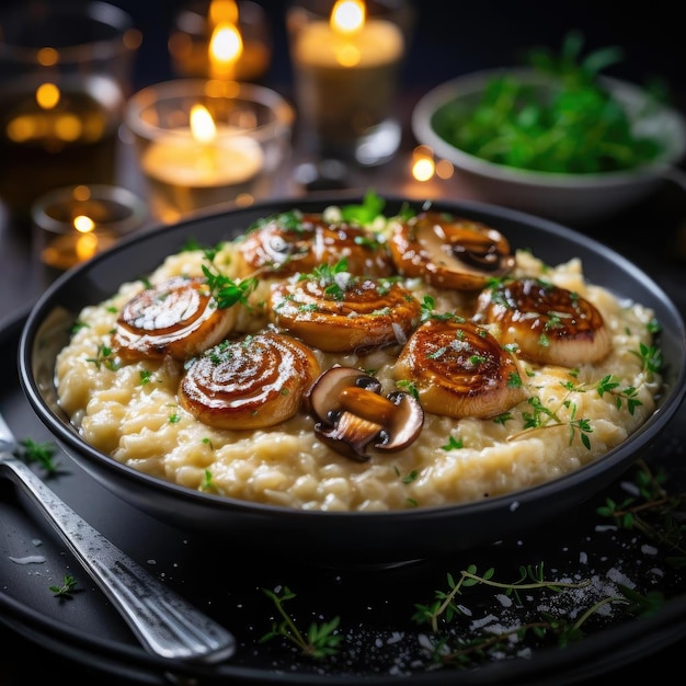 Mushroom risotto served in a black bowl with a romantic atmosphere