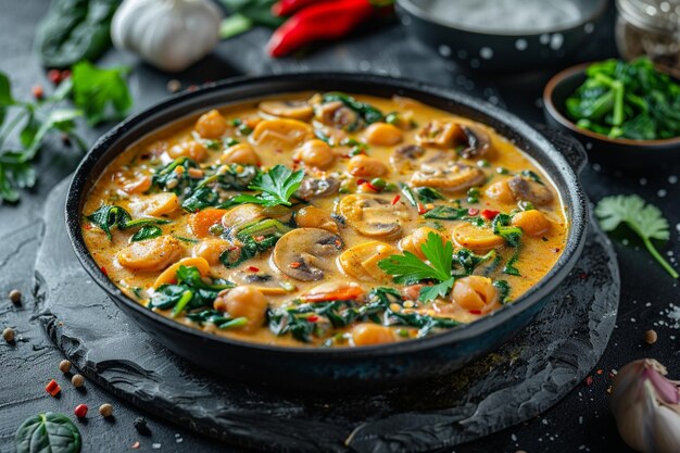 Photo mushroom sabzi in tomato curry with chickpea and spinach