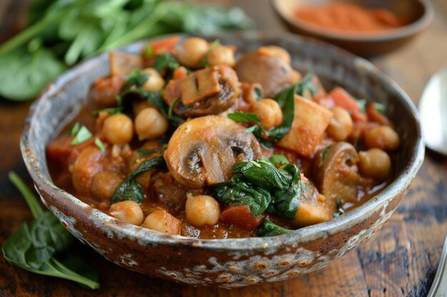 Photo mushroom sabzi in tomato curry with chickpea and spinach