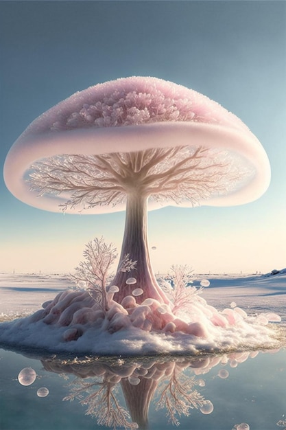 Mushroom shaped tree sitting on top of a body of water generative ai