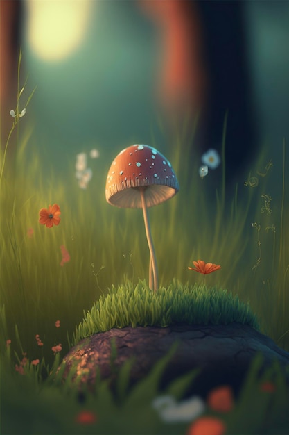 Mushroom sitting on top of a lush green field generative ai