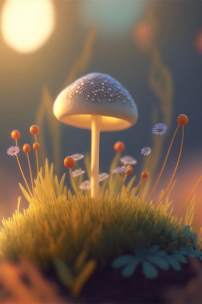 Mushroom sitting on top of a lush green field generative ai