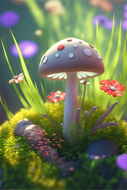 Mushroom sitting on top of a lush green field generative ai