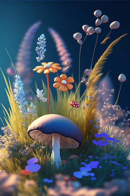 Mushroom sitting on top of a lush green field generative ai