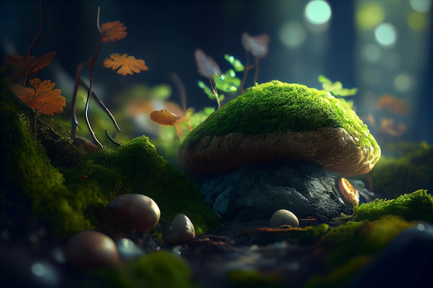 Mushroom sitting on top of a moss covered rock generative ai