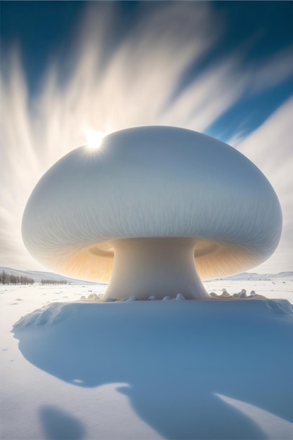 Mushroom sitting on top of a snow covered field generative ai