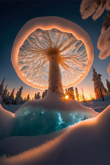 Mushroom sitting on top of a snow covered forest generative ai