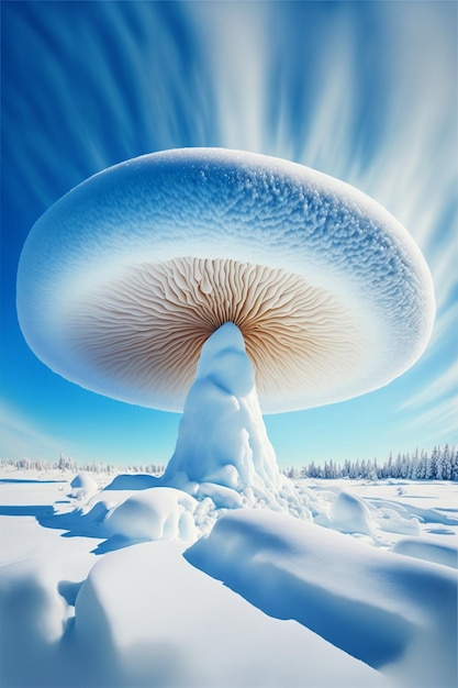 Mushroom sitting on top of a snow covered ground generative ai