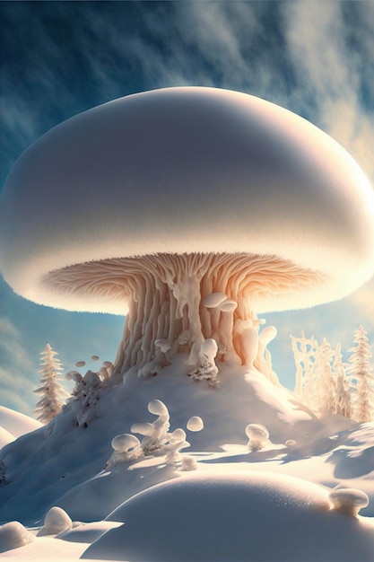 Mushroom sitting on top of a snow covered hill generative ai