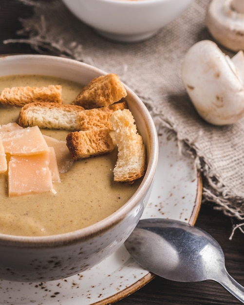 Mushroom soup with toasts and cheese. Closeup