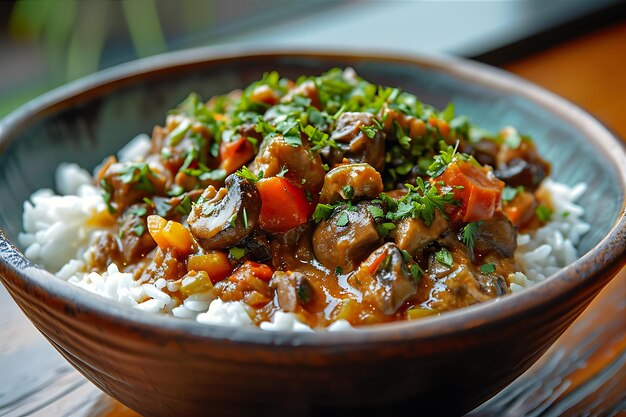 Mushroom Stew Infused with Bone Marrow over White Rice