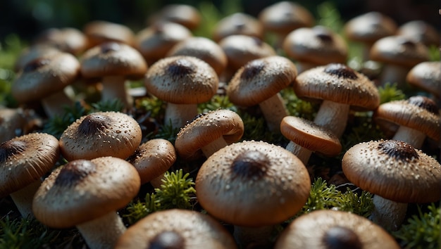 mushroom supplement tablets Overhead view of mushrooms with herbal medicine pills