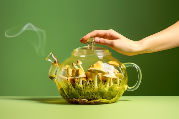 Mushroom tea Female hand holding teapot with wild herbs and mushrooms tea on green background