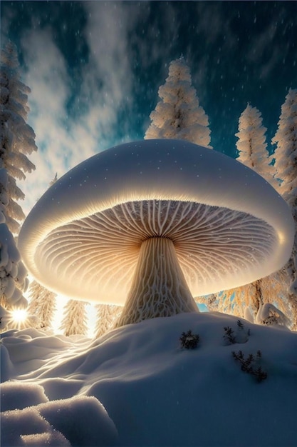 Mushroom that is sitting in the snow generative ai