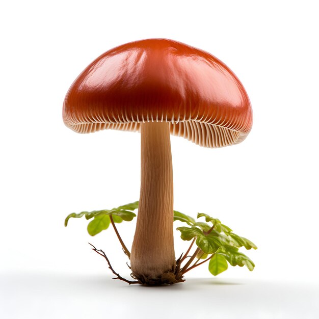 a mushroom that is on a white background with a plant growing out of it