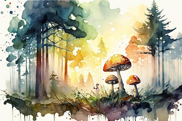 Mushroom watercolor forest background