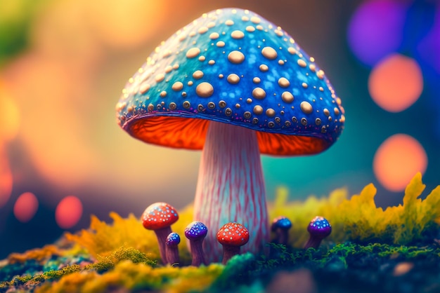 A mushroom with a blue cap and a blue cap sits on a mossy surface.