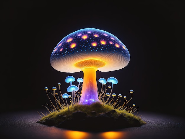 A mushroom with blue lights is lit up in a dark room.