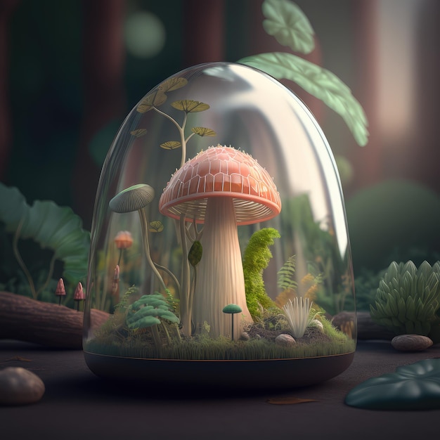 A Mushroom With A Glass Greenhouse Cap Generative AI