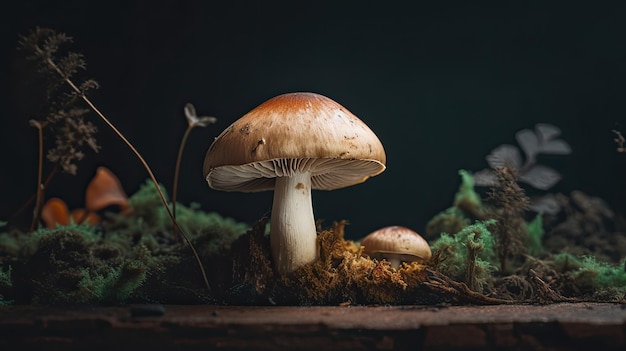 A mushroom with a green background and a brown mushroom with a white cap.