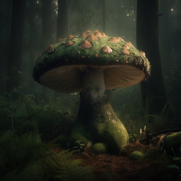 A mushroom with a green cap and a green cap is in the woods.