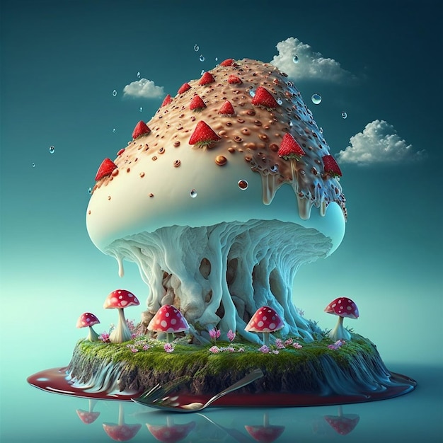 A mushroom with a mushroom on it is surrounded by water drops.