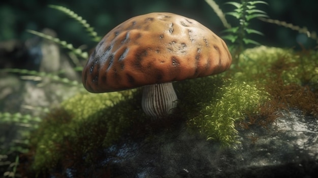 A mushroom with a mushroom on it's head is surrounded by plantsgenerative ai