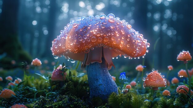 a mushroom with raindrops on it and some other plants