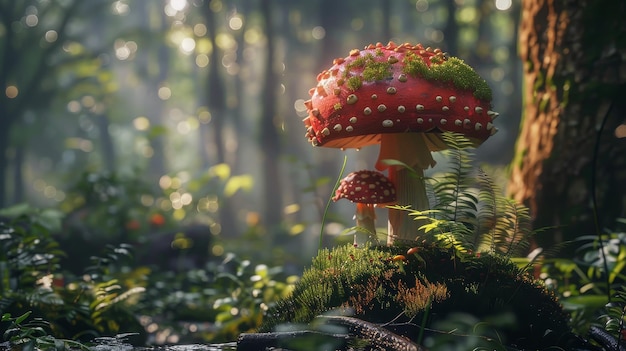 a mushroom with a red cap on it in the forest