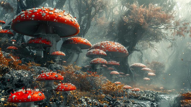 a mushroom with a red cap on it and a tree in the background