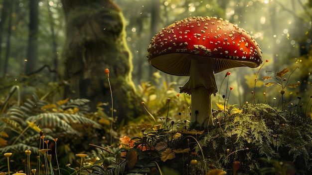 a mushroom with red spots on it and a tree stump in the background